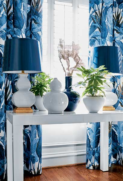 Lamps, Vases, and Drapes in blue & white