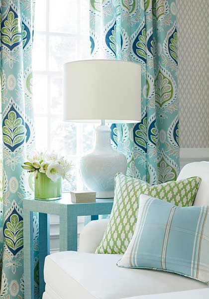 Fabrics in light blue and green.